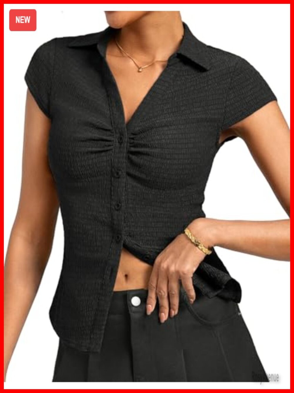 Ruched Button Down V-Neck Fitted Business Casual Blouse Top